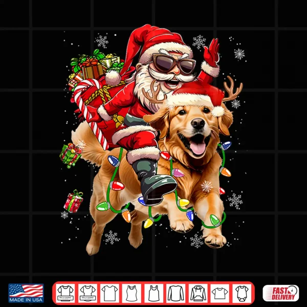 Design Merry Christmas Santa Riding Golden Retriever Dog Xmas Shirt