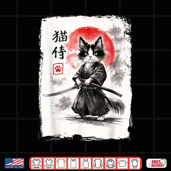 Design Neko Samurai Under Full Moon Japanese Warrior Anime Shirt