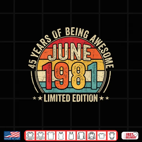 Design ON Back Awesome Since June 1981 Vintage Retro 45th Birthday Shirt