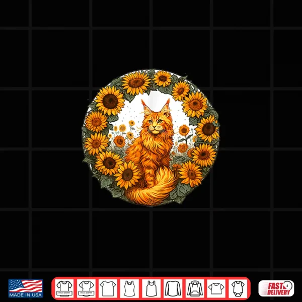 Design Orange Maine Coon Cat art and sunflowers Shirt