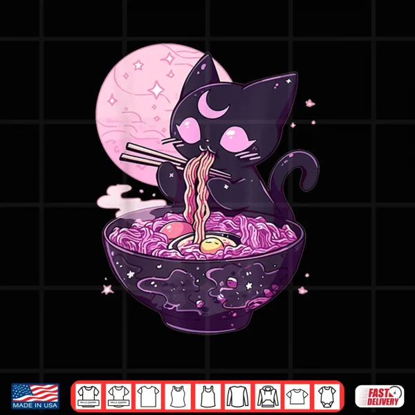 Design Pastel Goth Aesthetic Kawaii Creepy Cat Eating Ramen Noodles Shirt