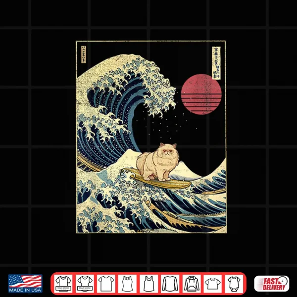Design Persian Cat Japanese Kanagawa Wave Funny Surf Animal Shirt