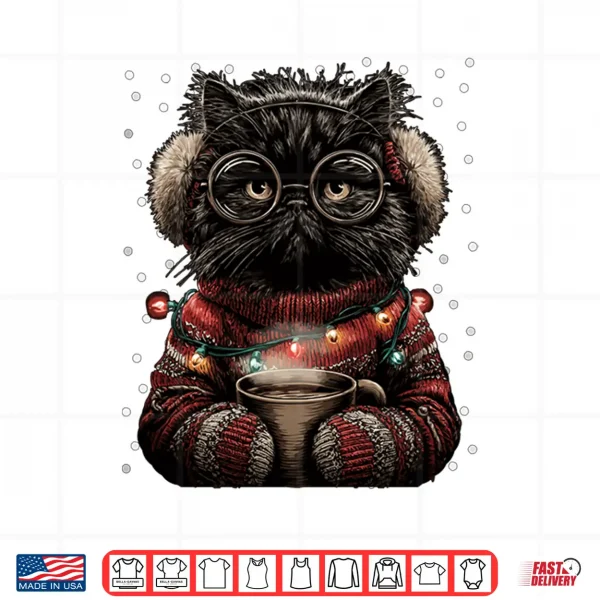Design Persian Cat in Glasses Christmas Lights Coffee Winter Kitten Shirt