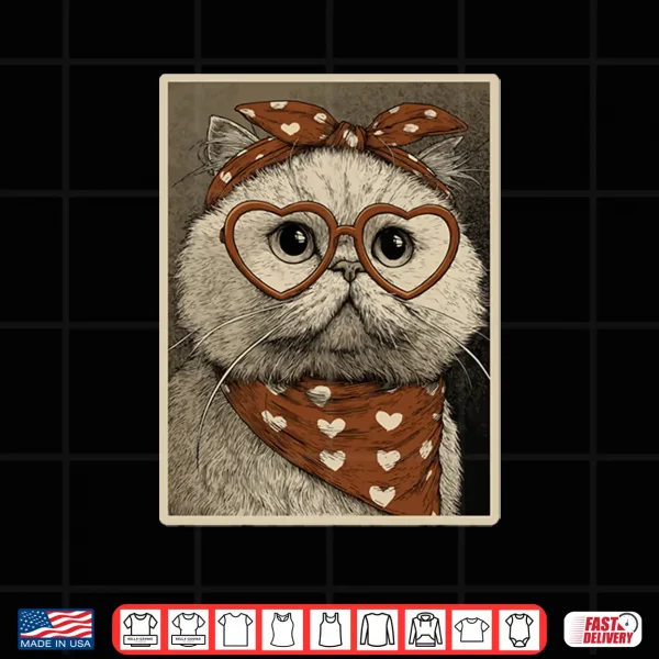 Design Persian Cat with Hearts Glasses Valentines Kitten Coquette Shirt