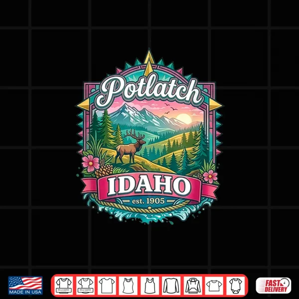 Design Potlatch Idaho USA Palouse Mountains Elk Summer Fun Souvenir Shirt 1