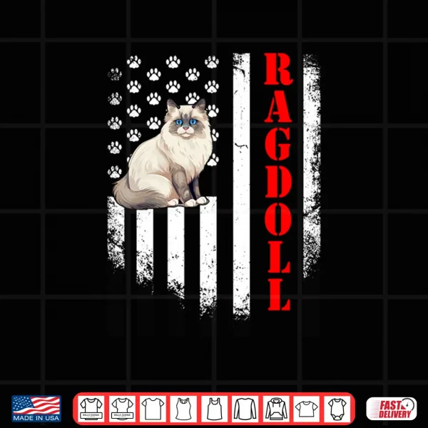 Design Ragdoll Cat American Flag Paw Print Patriotic Graphic Tee Shirt