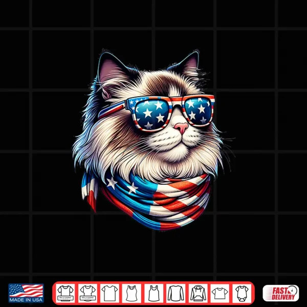 Design Ragdoll Cat USA Flag Sunglasses Patriotic Cat 4th of July Women Men Shirt