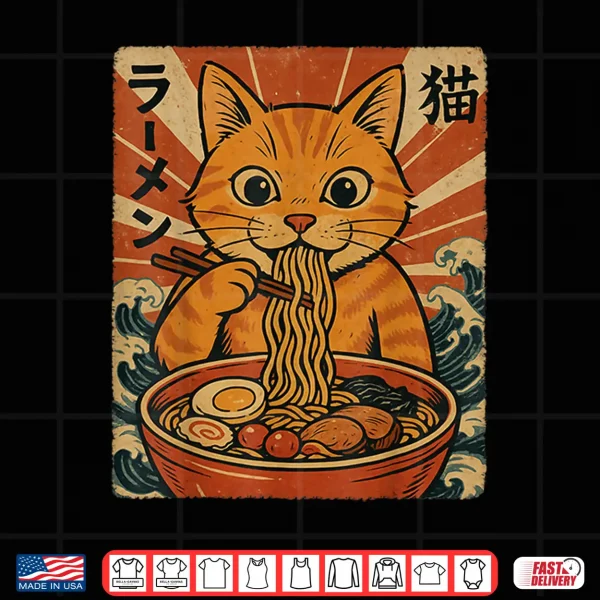 Design Ramen Noodles Orange Cat Japanese Anime Kawaii Cat Retro Shirt