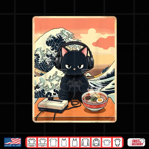 Design Retro Gamer Cat with Ramen Great Wave for Anime Fans Shirt