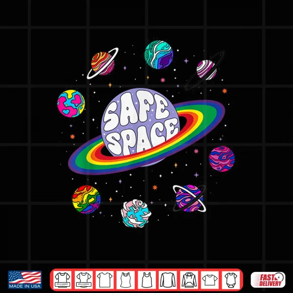 Design Retro Rainbow Planets Safe Space Cosmic LGBTQ Pride Month Shirt