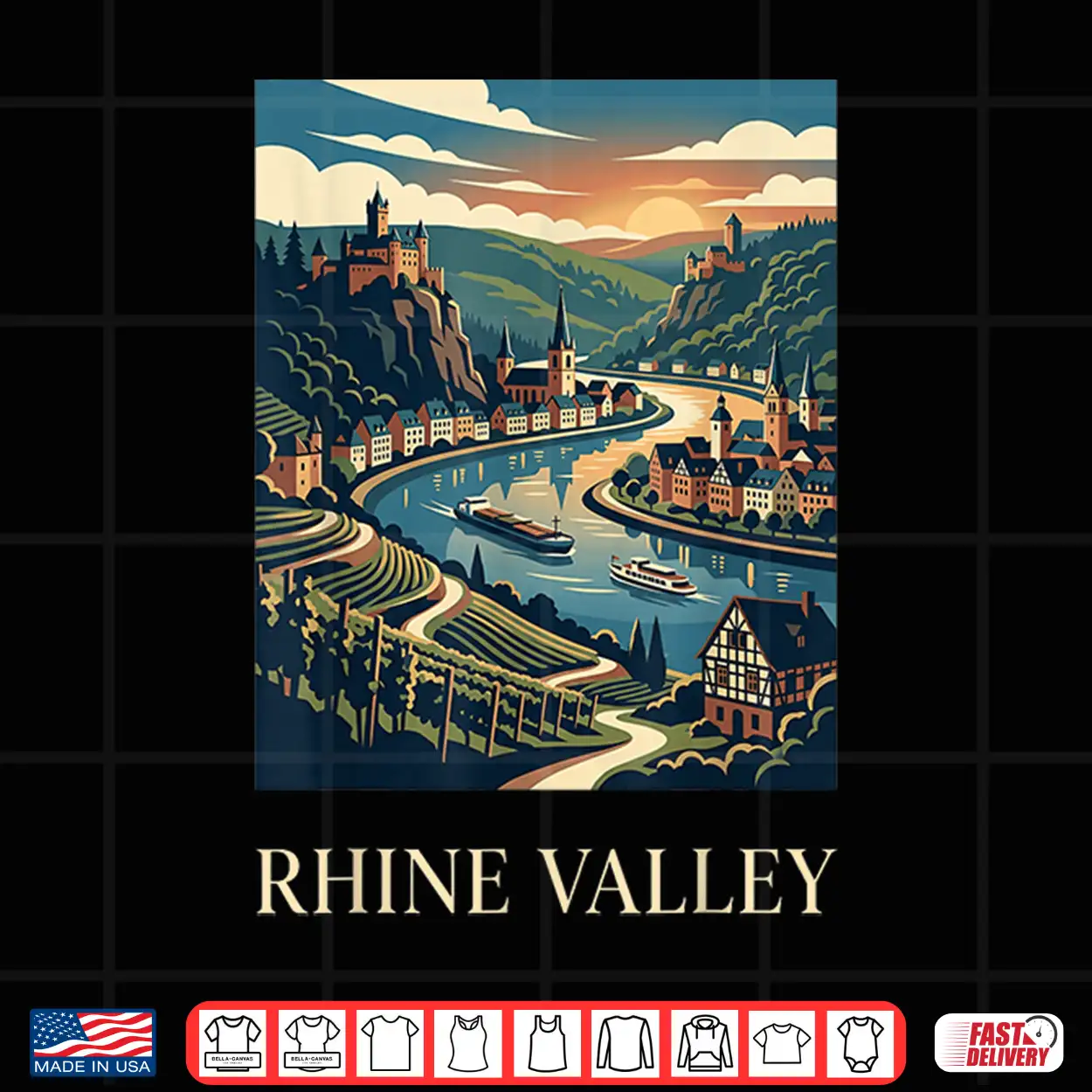 Rhine Valley Germany Castle River Retro Travel Design Shirt Rhine Valley Germany Castle River Retro Travel Design Shirt