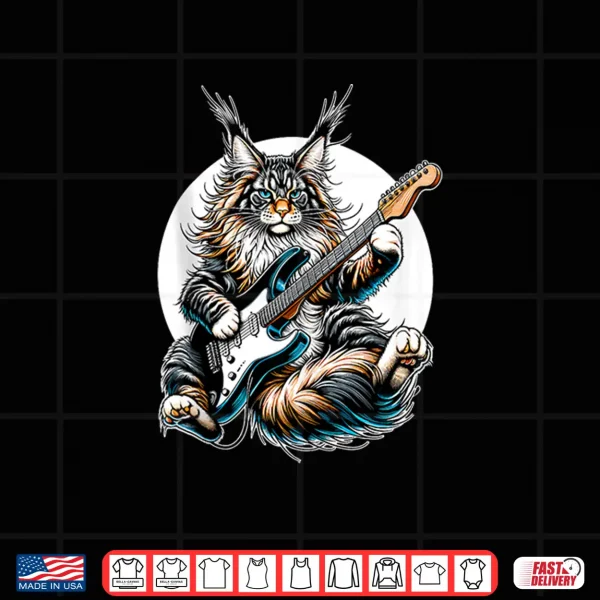 Design Rock Cat Playing E Guitar Funny Guitar Maine Coon Cat Shirt