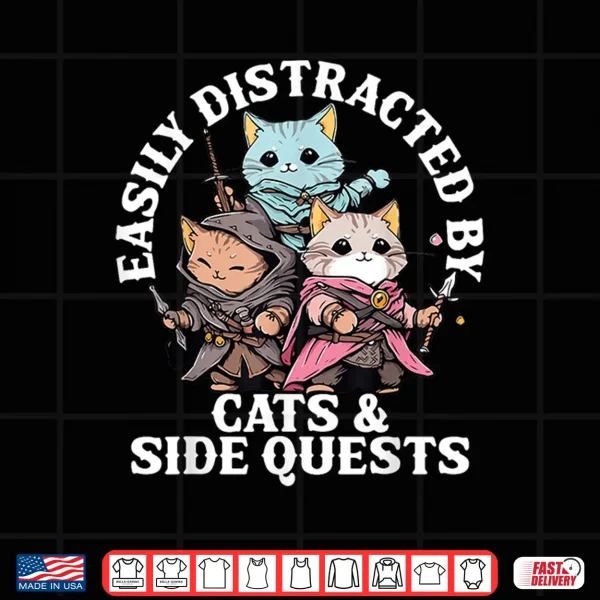 Design Rpg Gamer Cats Side Quest Distracted Nerdy Tabletop Fun Men Shirt