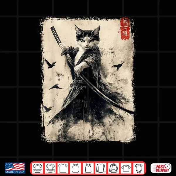 Design Samurai Cat Graphic Tee Warrior Vintage Japanese Art Anime Shirt