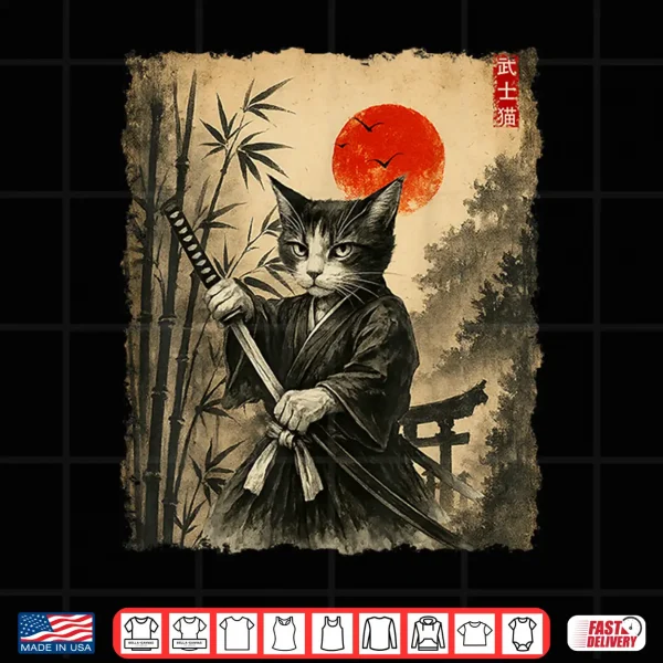 Design Samurai Cat Japanese Art Men Boys Funny Graphic Tee Anime Shirt
