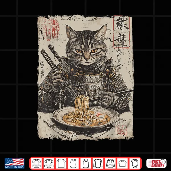 Design Samurai Cat Loves Ramen Funny Anime Japanese Artwork Samurai Shirt