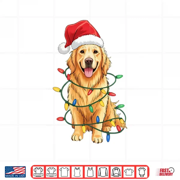Design Santa Hat Golden Retriever Christmas Tree Light Xmas Pajama Shirt