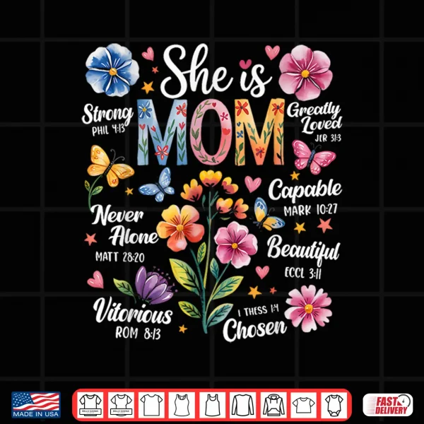 Design She Is Mom Bible Verses Christian Boho Floral Mothers Day Shirt