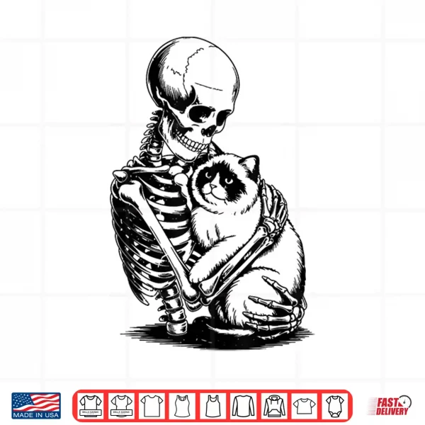 Design Skeleton Hugging Cat Halloween Vintage Funny Ragdoll Cat Dad Shirt