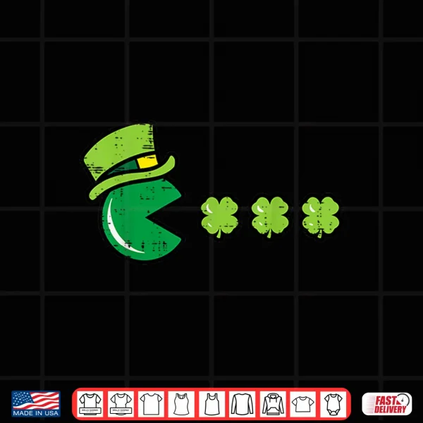 Design St Patricks Day Eating Shamrock Retro Gamer Men Boys Kids Shirt