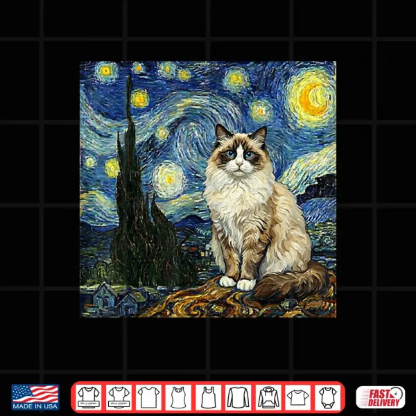 Design Van Gogh Art Starry Night Funny Ragdoll Cat Artistic Shirt