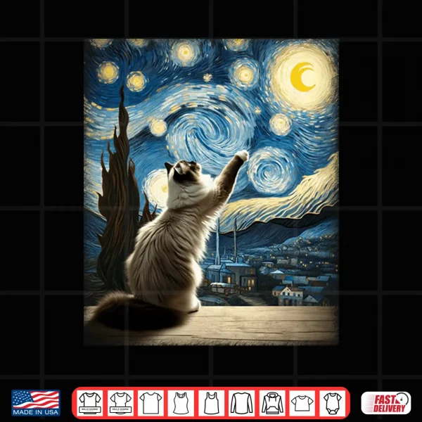 Design Van Gogh Starry Night Moon Artistic Pet Lover Ragdoll Cat Shirt