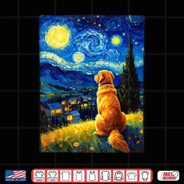 Design Van Gogh Starry Night Painting Golden Retriever Dog Shirt