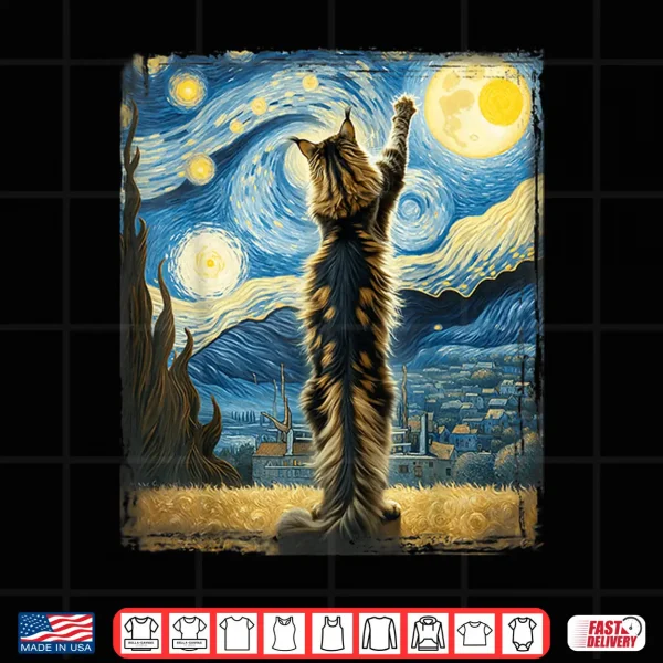 Design Van Gogh Starry Night Style Artistic Maine Coon Cat Shirt