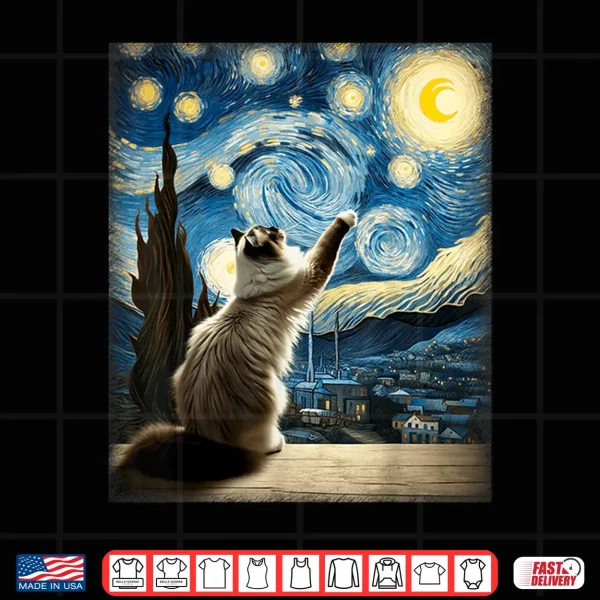 Design Van Gogh Starry Night Style Artistic Ragdoll Cat Shirt