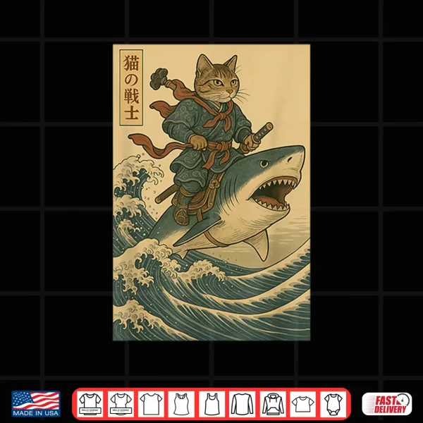 Design Vintage Anime Cat Japanese Funny Samurai Cat Riding Shark Shirt