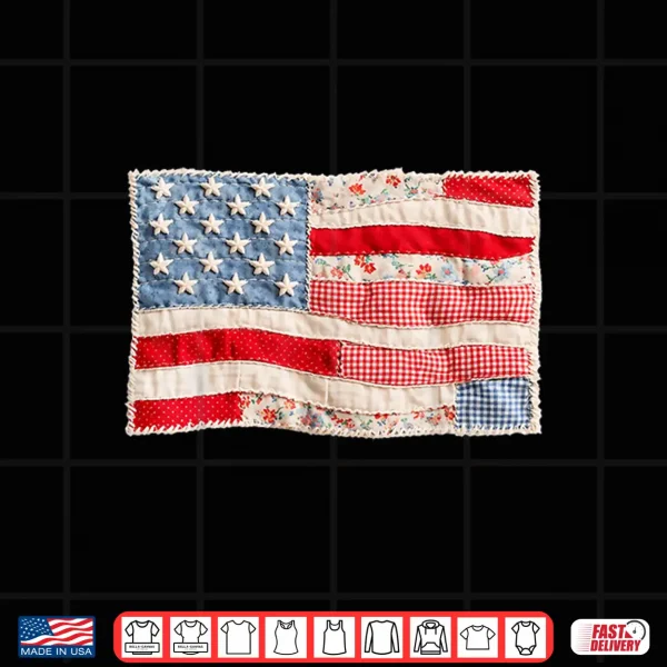 Design Vintage Faux Patchwork US Flag Patriotic Print 4th of July Shirt