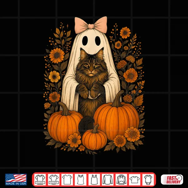 Design Vintage Halloween Ghost Holding Maine Coon Cat Shirt