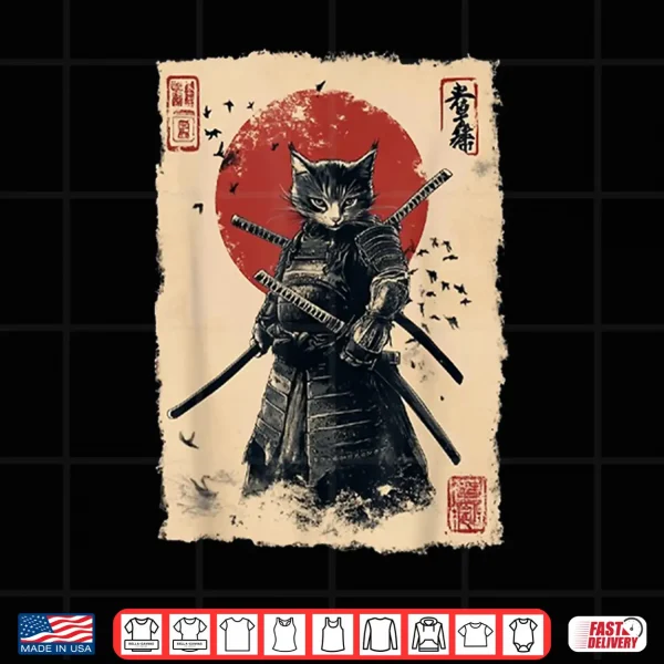 Design Vintage Japanese Art anime graphic samurai cat warrior Shirt