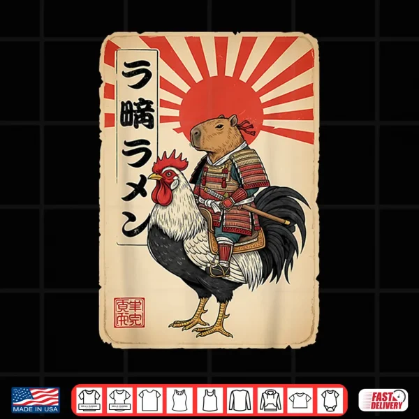 Design Vintage Japanese Samurai Capybara Rooster Chicken Anime Shirt