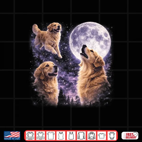 Design Vintage Three Golden Retriever Howling to The Moon Dog Art Shirt