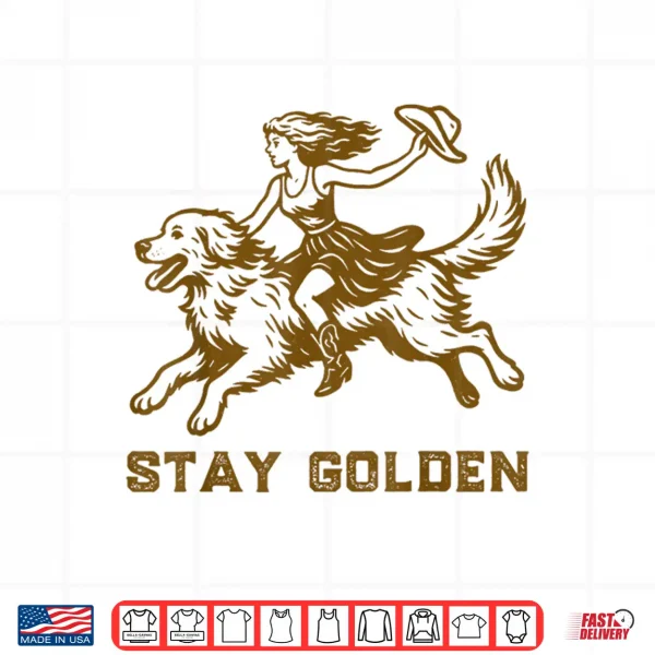 Design Vintage Western Cowgirl Riding Golden Retriever Stay Golden Shirt