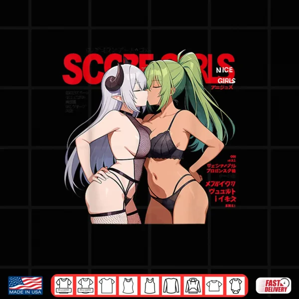 Design Waifu Sexy Anime Kissing Girls Horns Japanese Manga Style Shirt