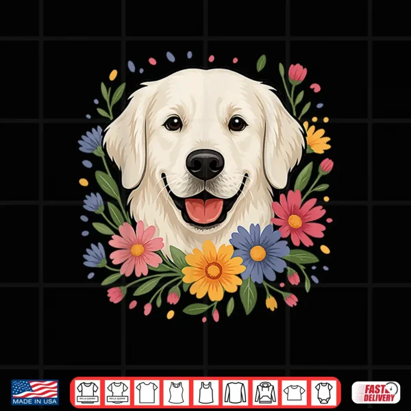 Design White English Cream Golden Retriever Colorful Spring Flowers Shirt