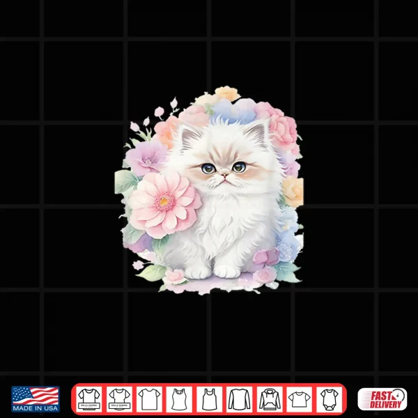Design White Persian Cat With Pastel Flowers Shirt