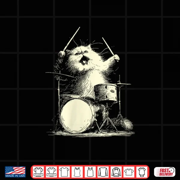 Design Womens Cute Persian Cat Playing Drums Funny Music Animal Drummer Shirt