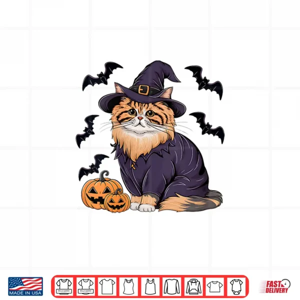 Design Womens Pumpkin Bat Witch Costume Persian Cat Halloween Shirt