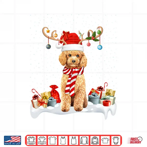 Design Xmas Lights Reindeer Santa Hat Toy Poodle Dog Christmas Shirt
