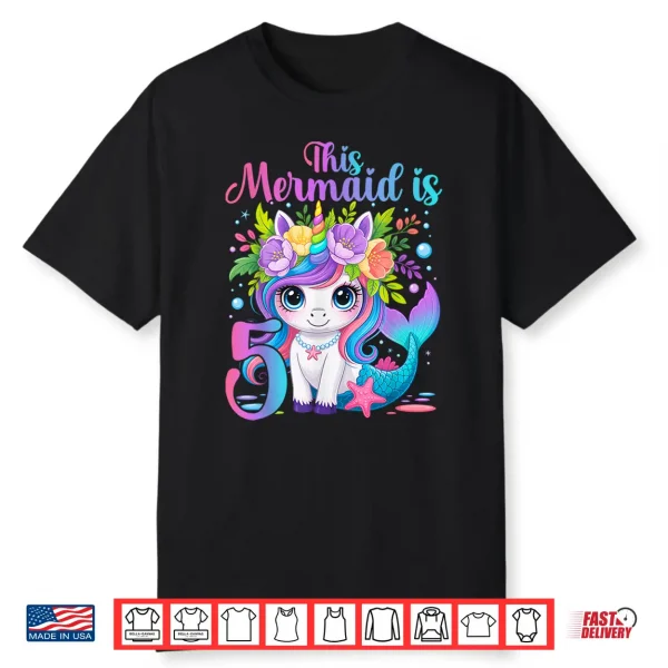 Fifth Birthday Unicorn Mermaid Tail Five Years Old Shirt