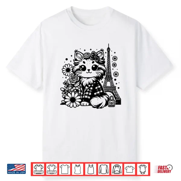 French Paris Eiffel Tower Kawaii Mainecoon Cat Flowers Shirt