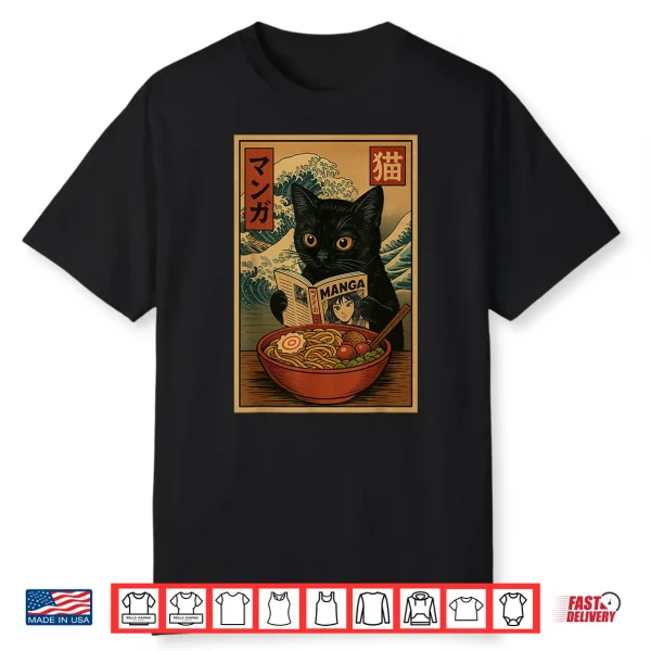Funny Anime Cat Reading Manga Ramen Bowl Retro Japanese Cat Shirt