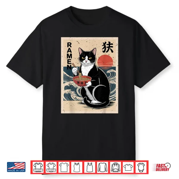 Funny Anime Tuxedo Cat Eating Ramen Noodle Mom Dad Toddler Shirt