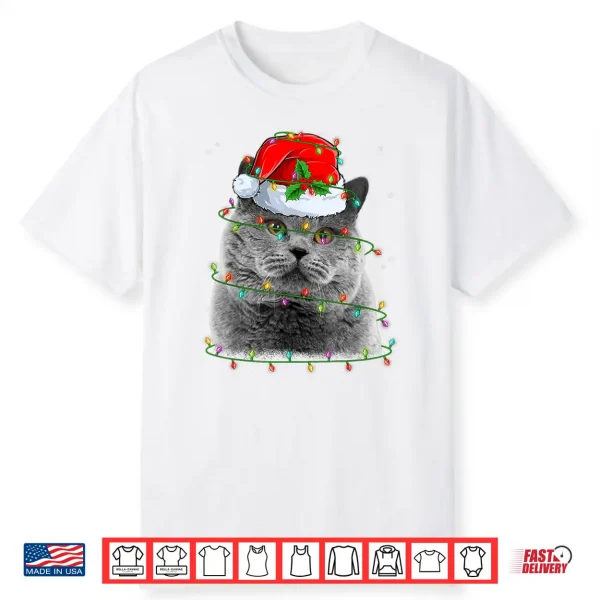 Funny British Shorthair Cat Santa Hat Christmas Tree Lights Shirt