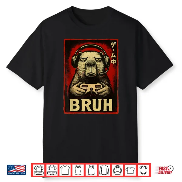 Funny Capybara Gamer Bruh Graphic Tee Men Boys Teens Gaming Shirt