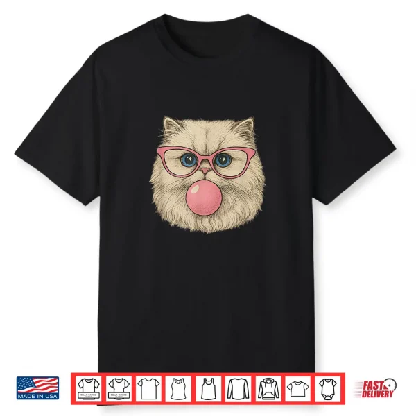 Funny Cat With Pink Glasses & Bubble Gum Retro Vintage Cats Shirt