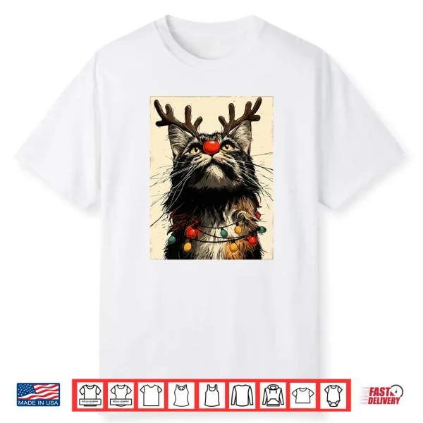 Funny Christmas Maine Coon Cat Holiday Lights Festive Animal Shirt